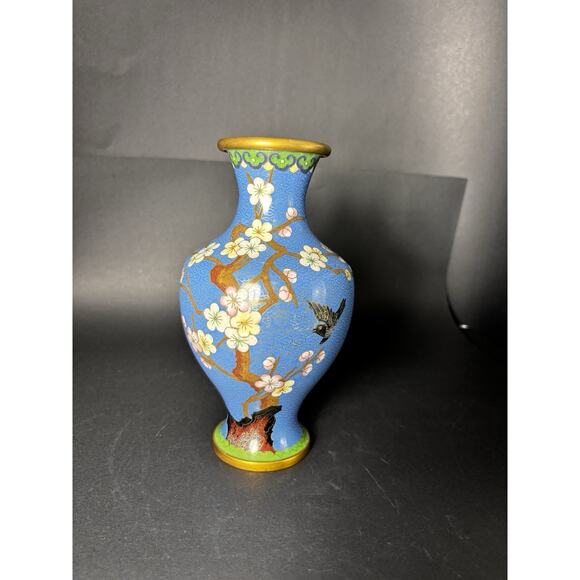 Vintage Chinese 8 1/4" BLUE CLOISONNE VASE Enamel Brass Cherry Blossom w/Bird - Picture 12 of 16